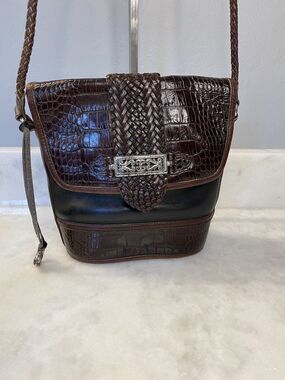 Vintage Brighton Leather Alligator Embossed Black Brown Shoulder Handbag Purse